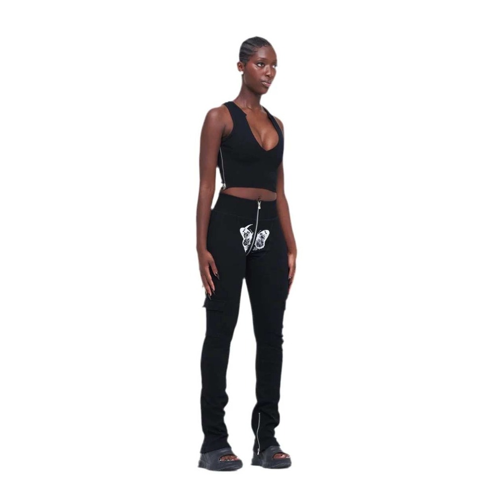 Tordrobes Butterfly UZip Flare Pants Black Ribbed Cargo Graphic Trousers Medium